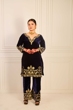 Midnight Blue Velvet Embroidered Set