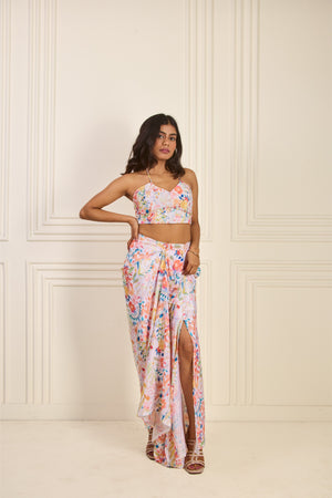 Floral Drape Skirt Set with Halter Blouse & Cape