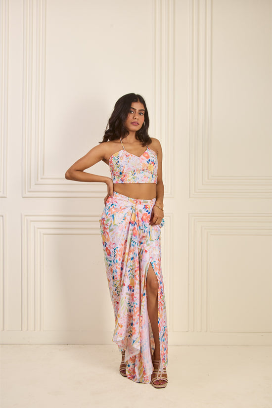 Floral Drape Skirt Set with Halter Blouse & Cape