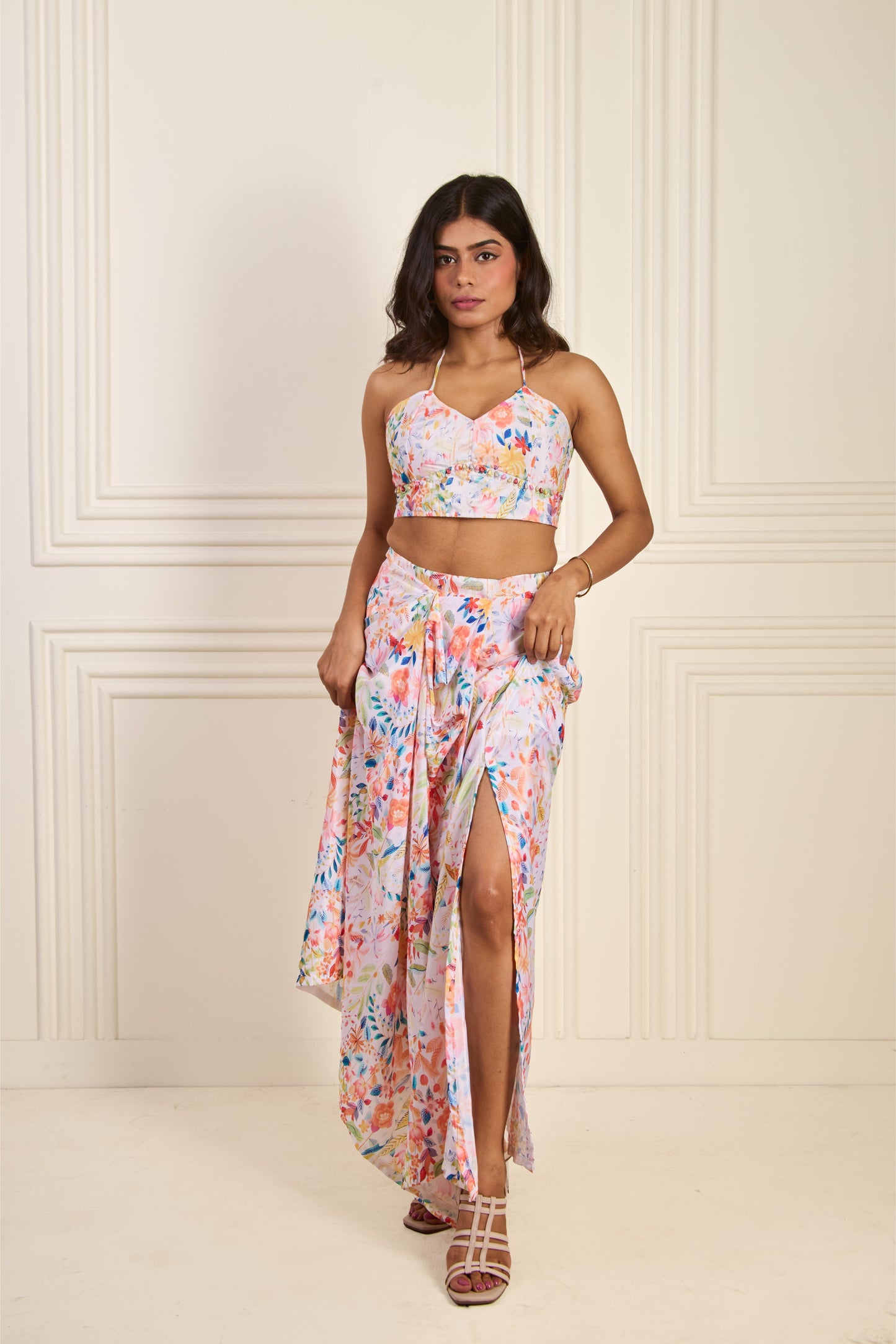 Floral Drape Skirt Set with Halter Blouse & Cape