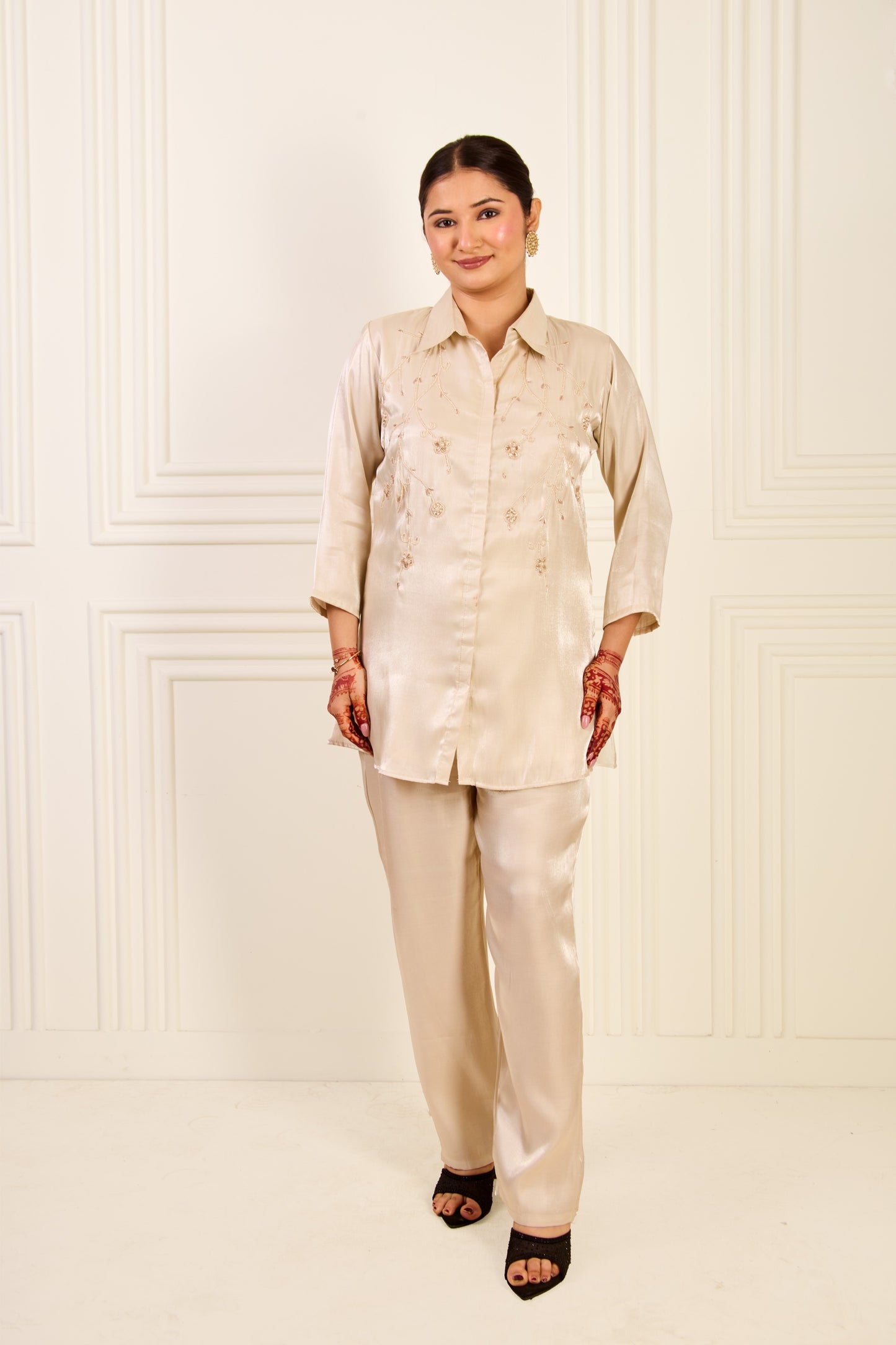 Glass Silk Pearl Embroidered Co-Ord Set
