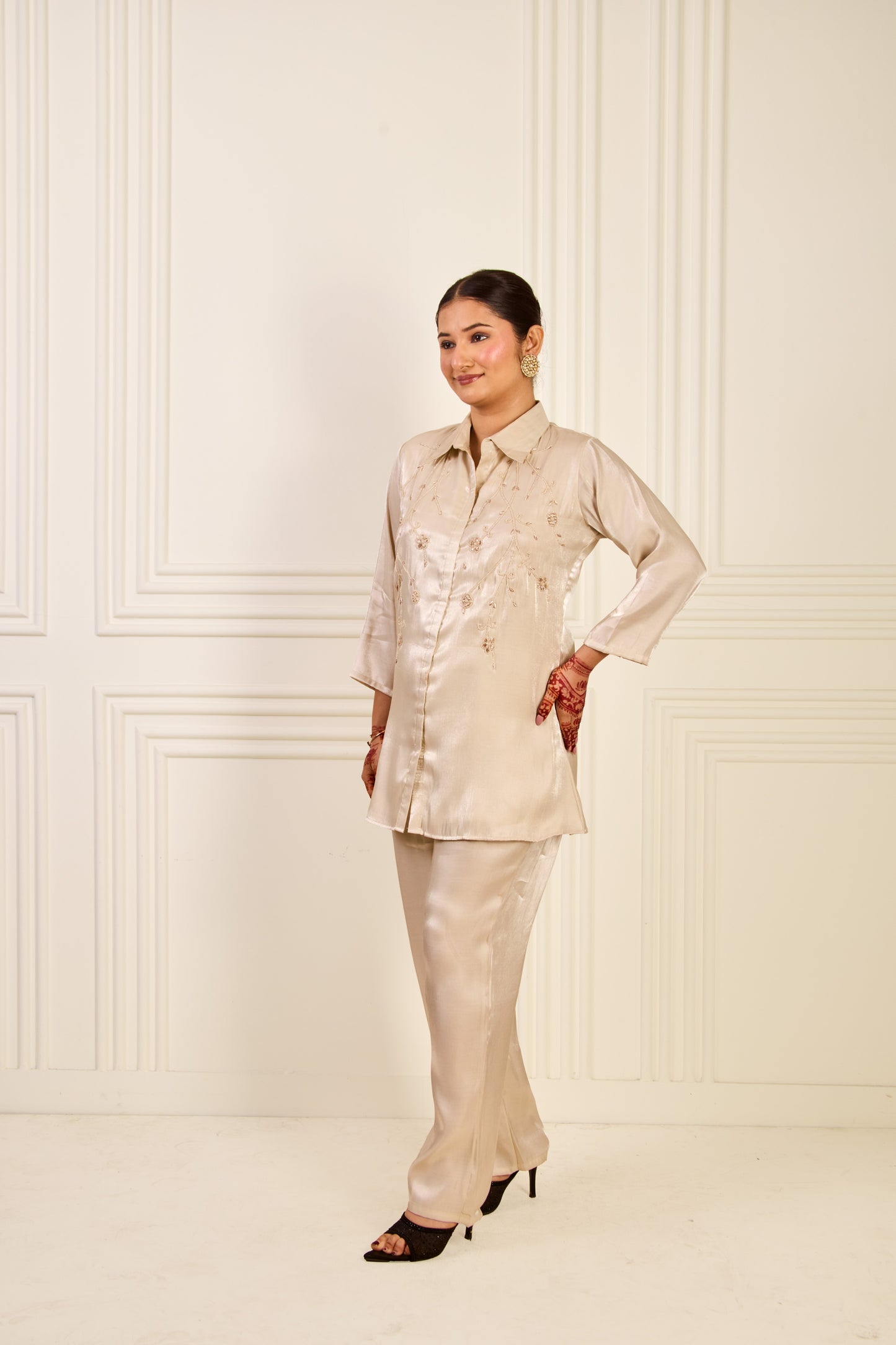 Glass Silk Pearl Embroidered Co-Ord Set