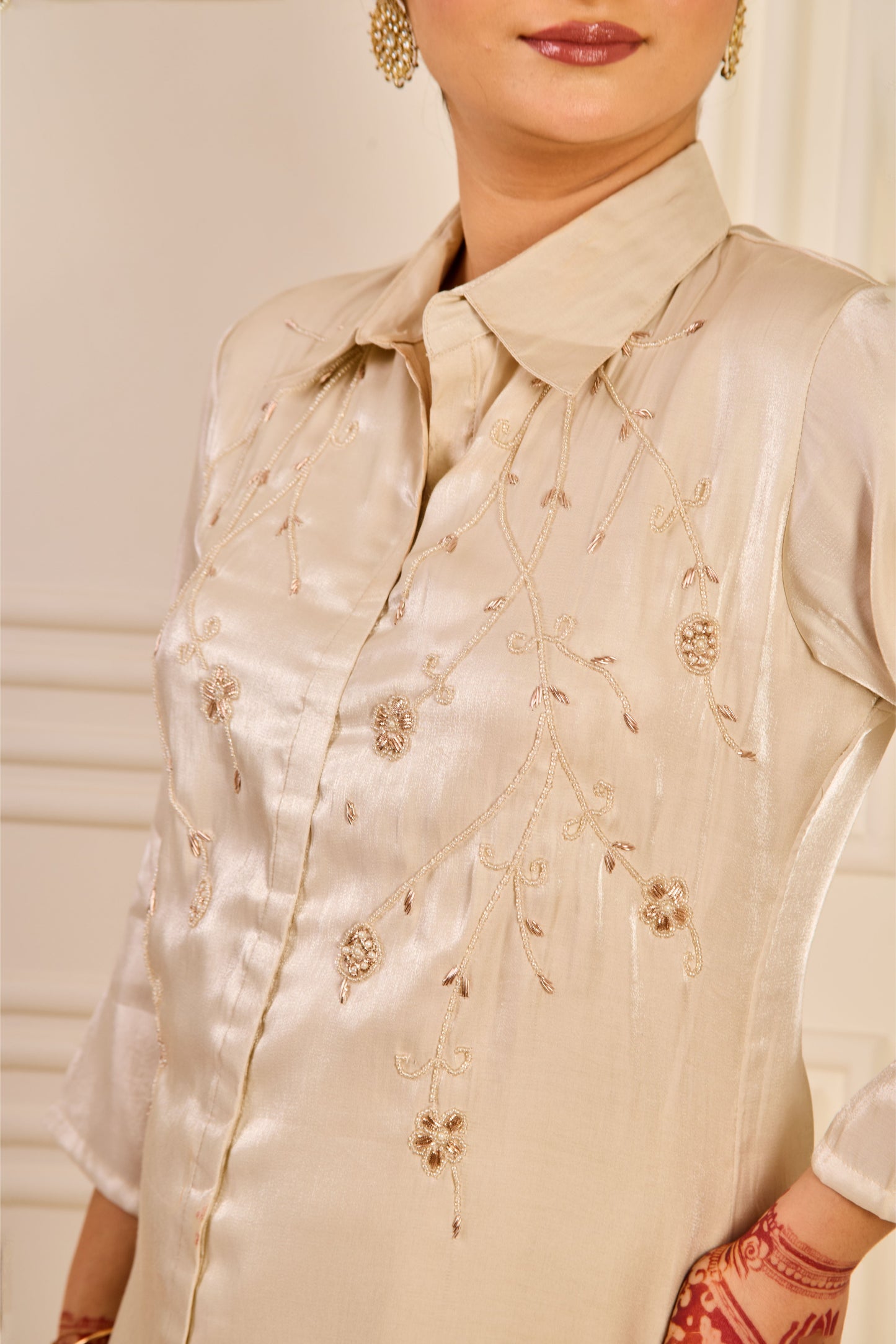 Glass Silk Pearl Embroidered Co-Ord Set