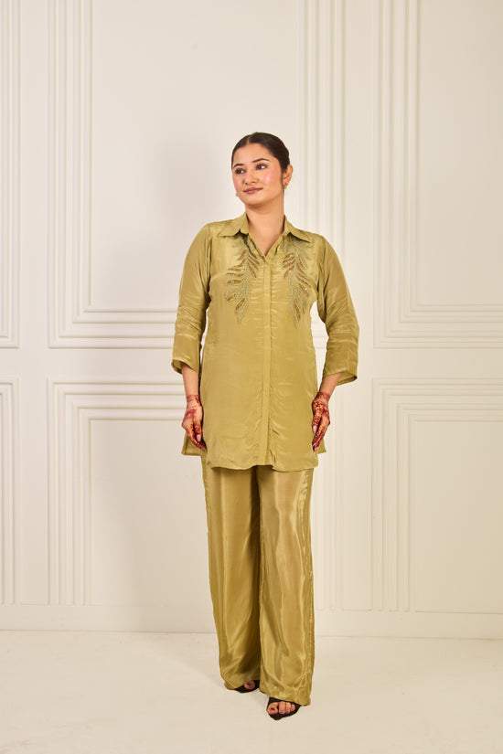 Olive Green Silk Embroidered Co-ord Set