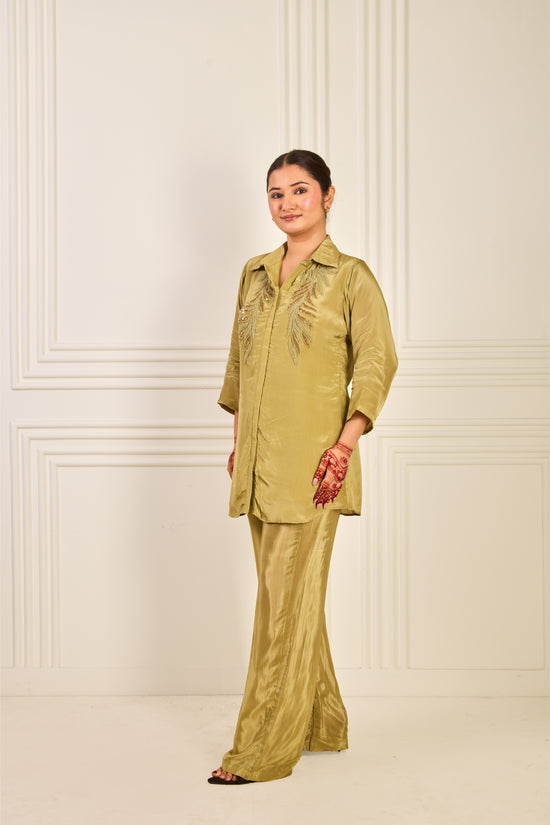 Olive Green Silk Embroidered Co-ord Set