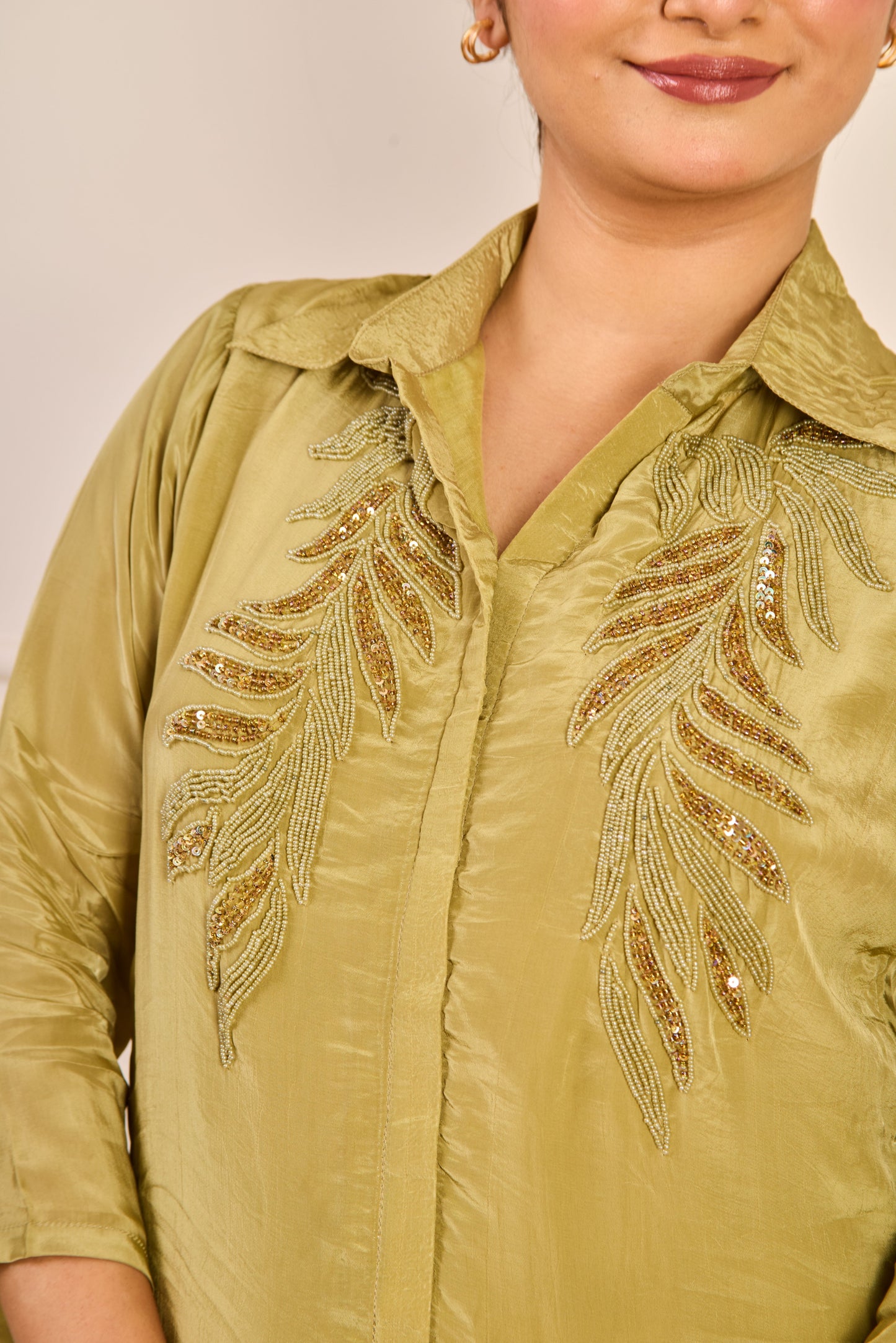 Olive Green Silk Embroidered Co-ord Set