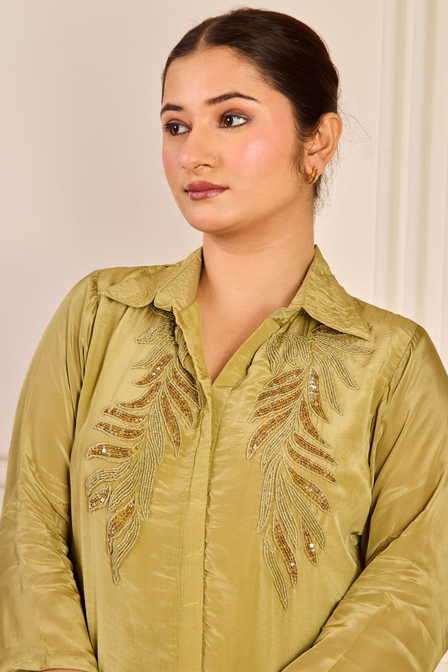 Olive Green Silk Embroidered Co-ord Set
